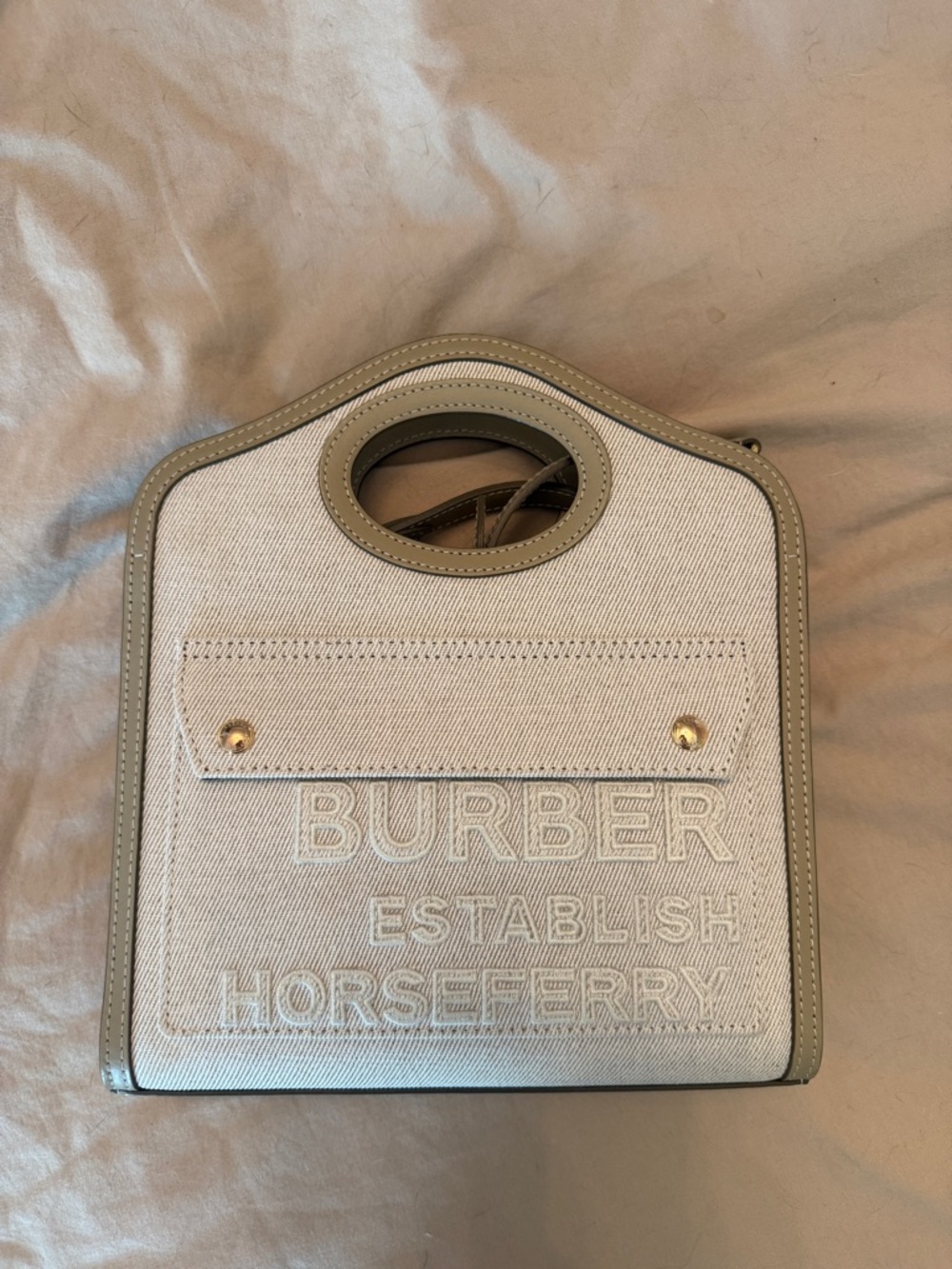 Burberry Cream Canvas Horseferry Mini Tote with Taupe Trim